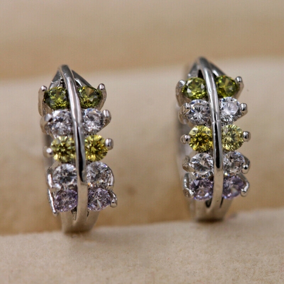 18kt White Gold Amethyst Emerald Topaz Hoops - Picture 5 of 5